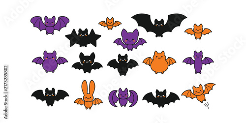 Set of cute cartoon bats in black purple and orange colors for halloween party decoration and design