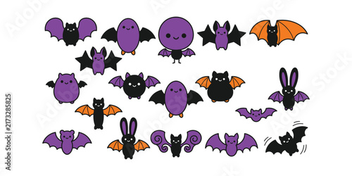 Set of cute cartoon bats in purple and orange colors for halloween party decorations and festive design elements