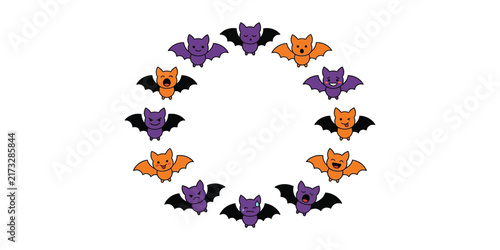 Circular wreath frame made of cute purple and orange cartoon bats isolated on a white background