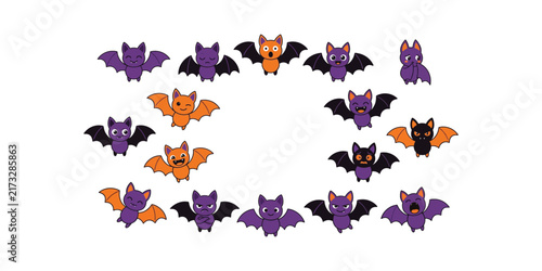 Set of cute cartoon bat illustrations in purple and orange colors for halloween themed graphic design projects