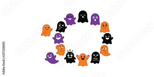 A collection of cute colorful ghost characters arranged in a circular frame on a white background