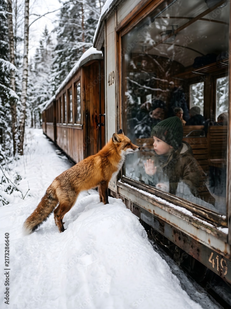 Naklejka premium Fox and child connect at snowy train window