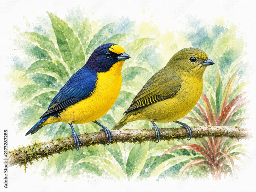 Obraz premium Violaceous Euphonia Pair (Euphonia violacea) – Male and Female Neotropical Bird Watercolor Illustration