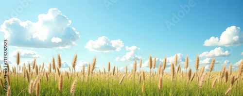 Tall pampas grass against a serene light blue sky with fluffy white clouds , open space, wildflower, pastel