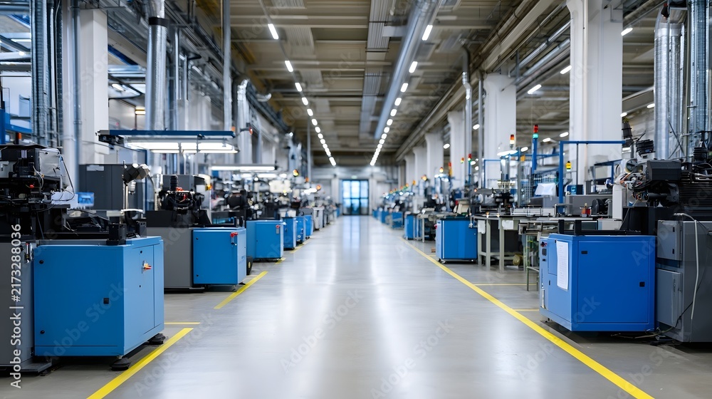 Obraz premium Long industrial production hall with blue hinery yellow safety lines and overhead lighting along the corridor