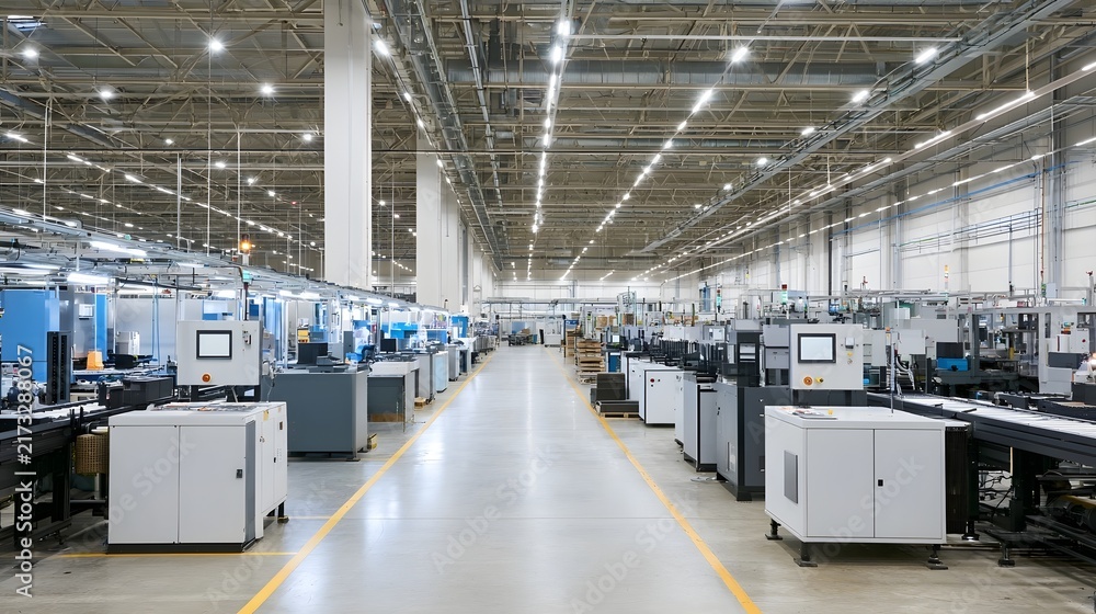 Obraz premium Long industrial warehouse interior with automated hinery bright overhead lighting and organized production lines