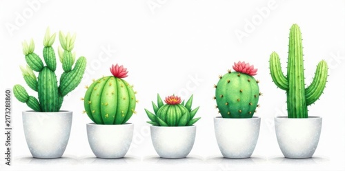 Watercolor green cacti in white pots, vibrant foliage , decoration, botanical