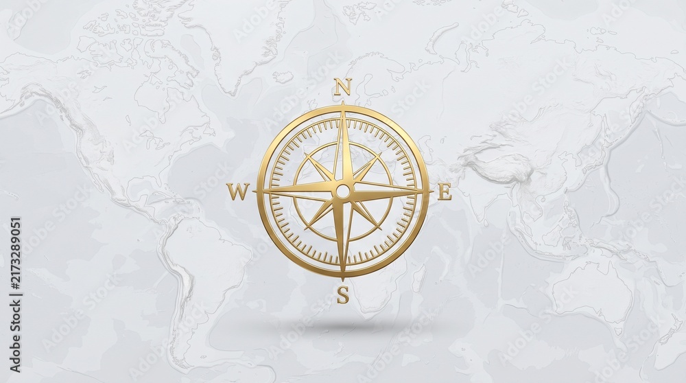Naklejka premium A golden compass rose icon floating over a light gray world map background illustration with metallic gold compass subtle embossed world rose symbol centered