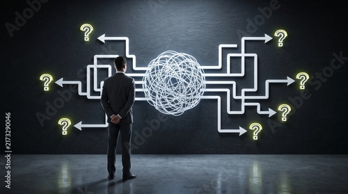 Obraz na płótnie Strategic problem solving concept with complex network pathways representing decision making, innovation and business solutions