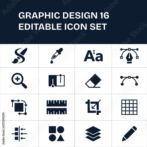 Graphic Design Editable Icon Set with 16 Minimal Creative Design Symbols.  Modern Graphic Design Icon Set with Editable Creative Symbols