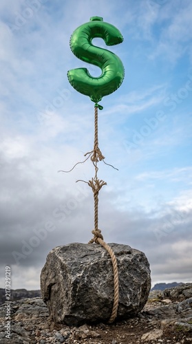 Dollar Sign Balloon Breaking Free from Stone Weight – Financial Freedom and Debt Release Concept