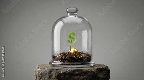 Golden Seed Sprouting Dollar-Sign Leaf Under Glass Dome – Protected Investment and Financial Growth Concept