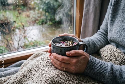 A quiet wellness cup of tea on a rainy day