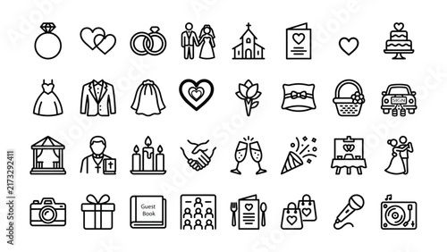 Wedding Ceremony and Reception Line Icon Set, Bridal Party, Marriage Celebration & Romantic Event Vector Elements