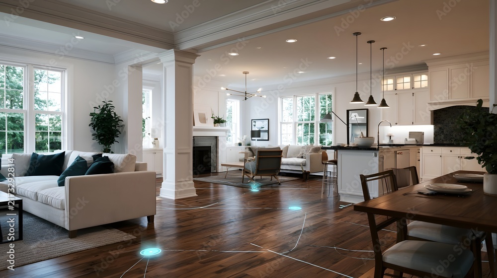 Obraz premium Modern open plan living space with hardwood floors white furniture and integrated smart home technology visible as glowing lines on the floor