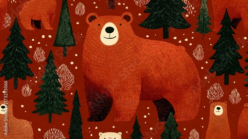 Seamless illustration pattern featuring brown bears and evergreen pine trees on rust red background.