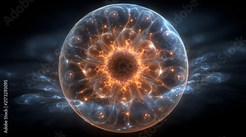 Glowing glass sphere containing intricate fiery fractal core with orange energy filaments and smoke.