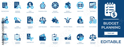 Budget planning icon set featuring finance revenue, banking management, money report, business strategy, savings investment, economy accounting, and payment expense income symbols.