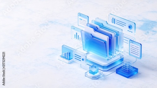 Futuristic digital document management system with organized folders and analytics panels, idea for data organization, business workflow, file storage and information management