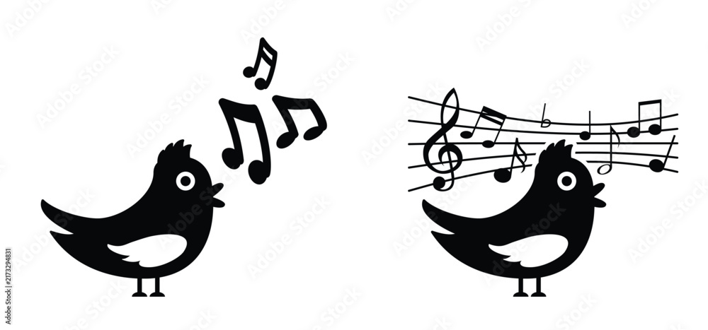 Fototapeta premium Musical notes stave and bird symbol. Singing birds, one with a simple tune, one with an elaborate melody. For staff and music key note theme. Musical merriment