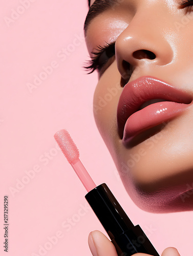 Close up of a woman's lips with glossy pink lip gloss and applicator