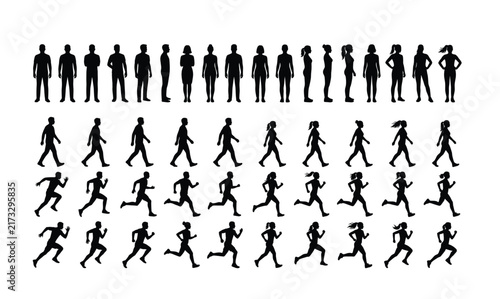 Running and walking people icons. Man stands, walk and run illustration. People symbol. Run, walk, stand. Vector illustration