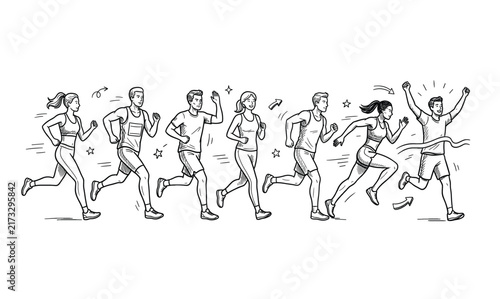 doodle Vector illustration of active male and female running, competition sport.