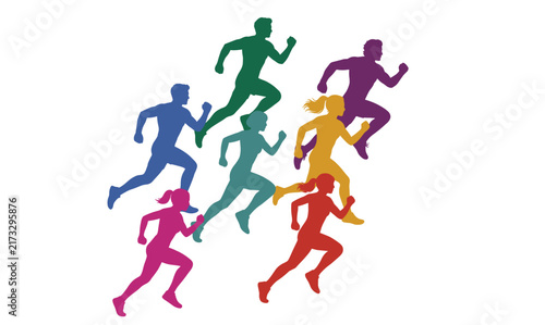 Running people, group of men and women. Runners vector silhouettes