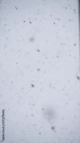 Light snow drifting down against a soft grey background in winter