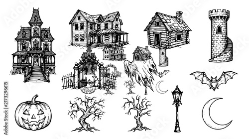 Vintage Halloween Haunted Houses Hand Drawn Outline Doodle Vector Set
