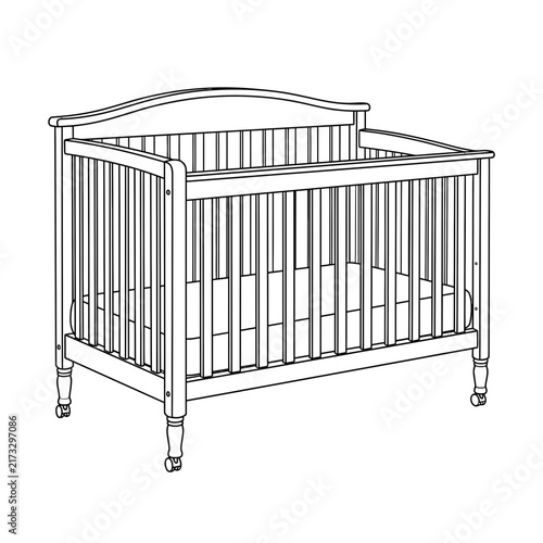 Картината върху платно Line drawing of a classic wooden baby crib with curved headboard and vertical slats, featuring small wheels on its legs