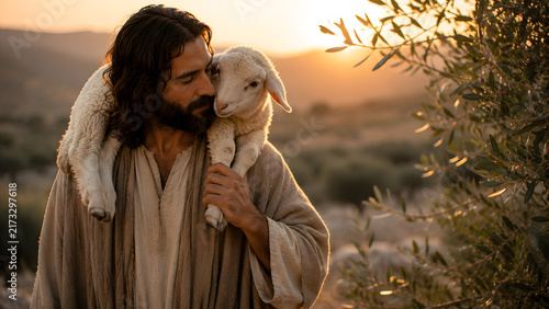 Jesus holding a small lamb on his shoulders in a field at sunset, symbol of the good shepherd, pastoral biblical scene