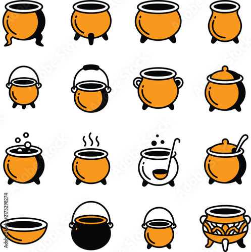Set of Halloween witch cauldron icons in orange black