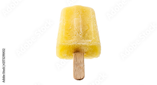 Bild auf Leinwand Refreshing yellow popsicle on a wooden stick, isolated on white background