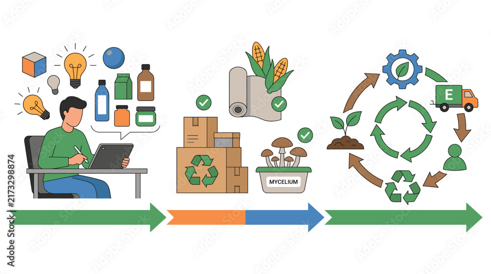 Fototapeta premium Sustainable product design process timeline with mycelium and recycling icons for industry.