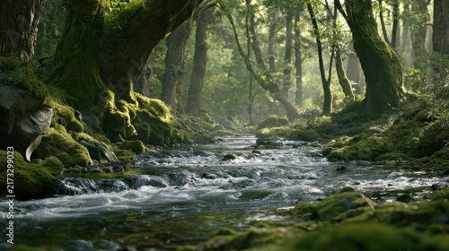 Lush green forest stream with flowing crystal clear water surrounded by mossy rocks and ancient trees in serene nature landscape ideal for environmental travel peaceful wilderness backgrounds