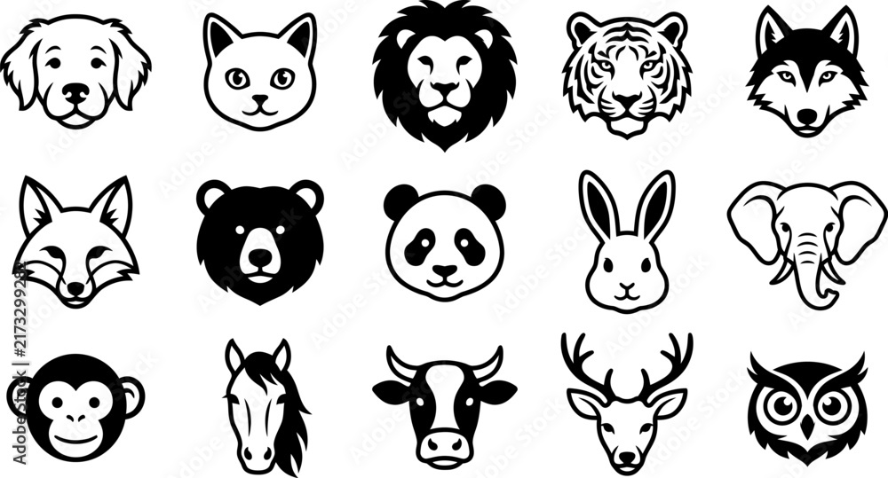 Fototapeta premium A collection of black and white animal head icons featuring various wild and domestic species in a simple style
