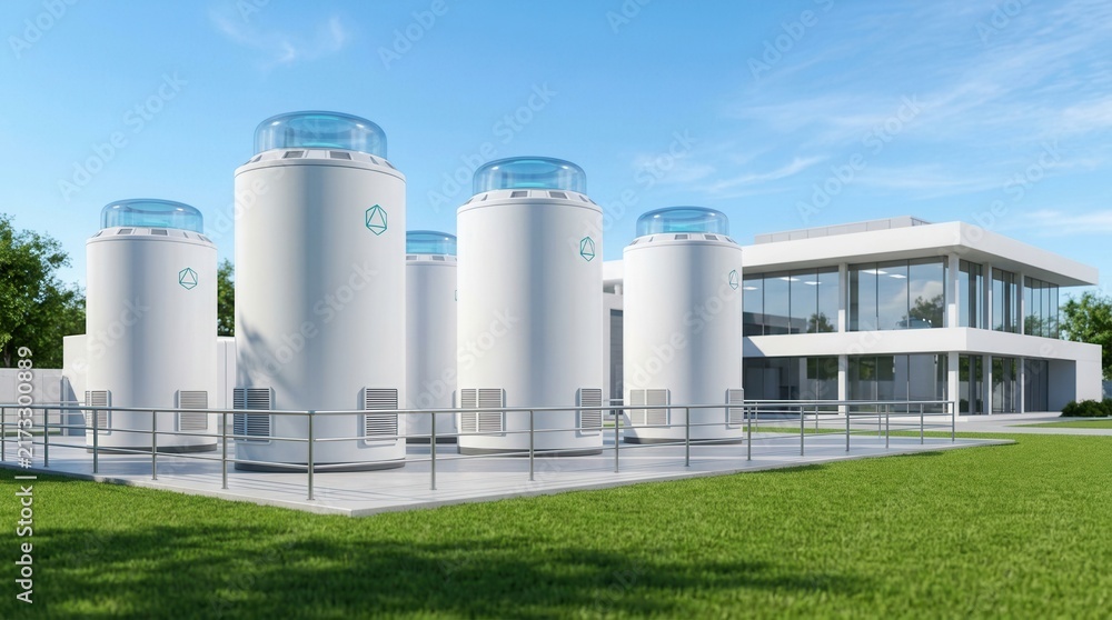 Fototapeta premium Group of SMR small modular nuclear reactors powering a large scale data center facility.