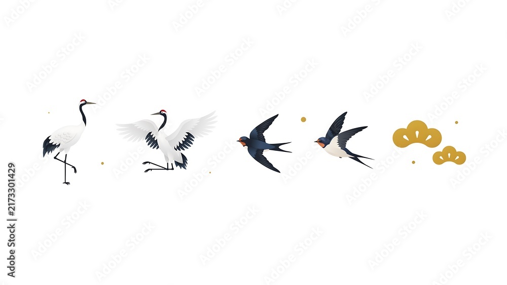 Obraz premium Japanese red crowned cranes and swallows flying with golden pine tree icons in a minimalist vector illustration