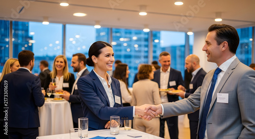 Business professionals shaking hands at corporate event with networking.
