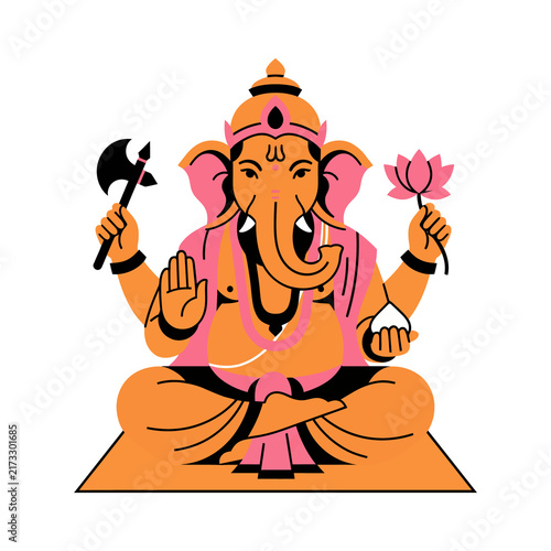 Canvas Print Colorful seated lord ganesha holding axe and lotus vector illustration for hindu