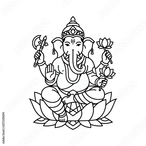 Canvastavla Black line art lord ganesha sitting on lotus vector illustration for hindu relig