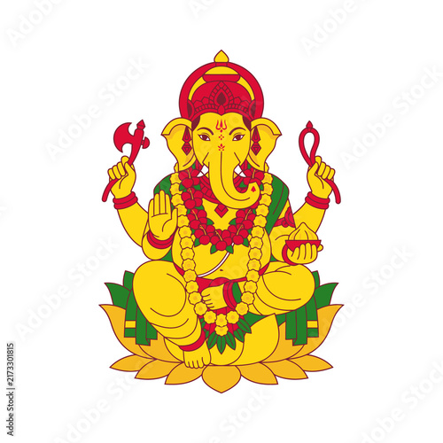 Canvastavla Yellow and red colorful lord ganesha sitting vector illustration graphic sign fo