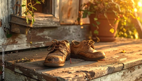 Vintage Leather Oxford Shoes Resting on Sun-Drenched Wooden Porch Steps