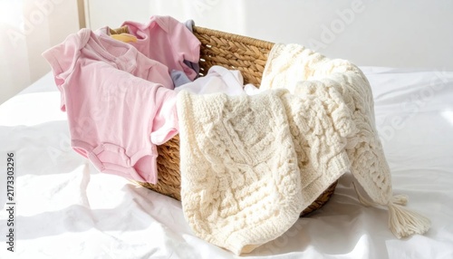 Wicker laundry basket filled with soft baby clothes and a cozy knitted blanket