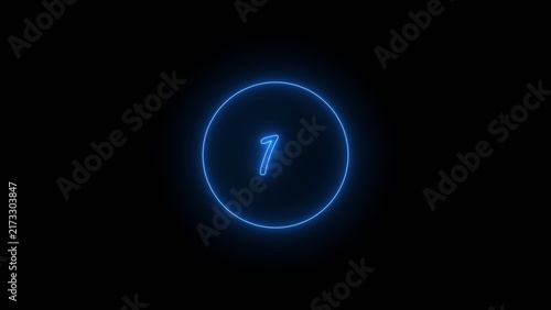 Neon bright countdown timer from 1 second's blue color 4k illustration. Simple 1 second's countdown timer with dashed circle black background 4k illustration.