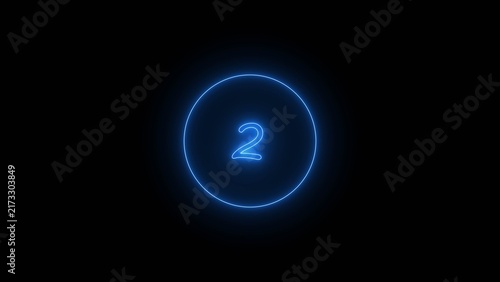 Neon bright countdown timer from 2 second's blue color 4k illustration. Simple 2 second's countdown timer with dashed circle black background 4k illustration.