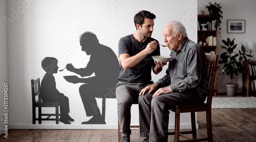 Obraz w ramie Young man feeding elderly father soup while shadow reveals childhood memory with wall shadow with man feeds older