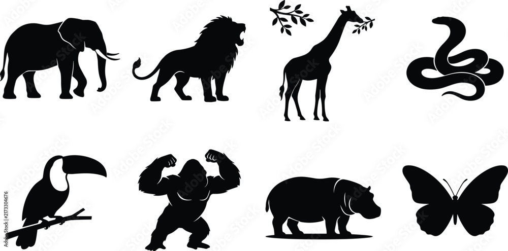 Naklejka premium Vector collection of wild safari and jungle animal silhouettes isolated on white background