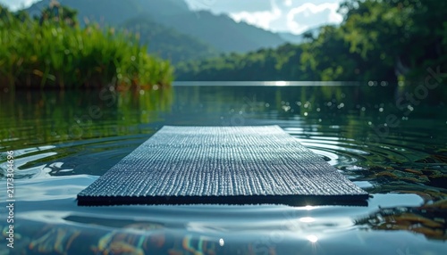 Yoga Mat Floating on Calm Lake Surface Amidst Lush Greenery and Distant Mountains